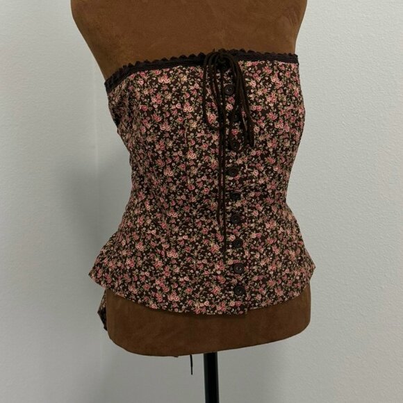 Betsey Johnson Floral Cotton Blend Button Up Lacing Back Y2K Corset Size 8
